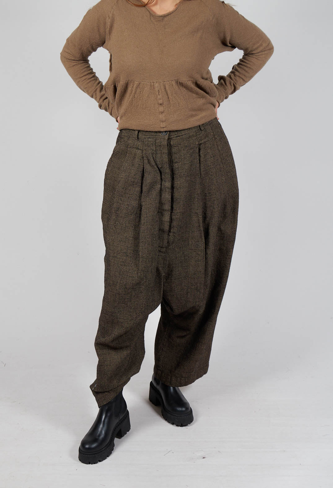 Relaxed Drop Crotch Trousers in Camel Check