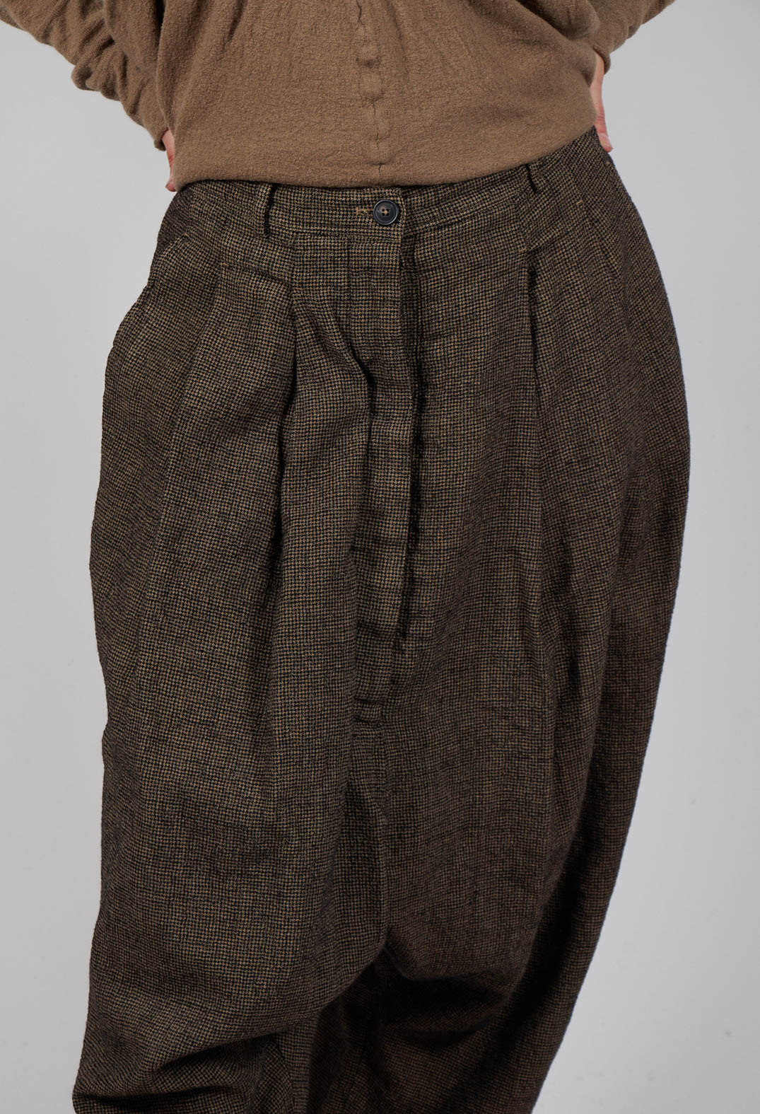 Relaxed Drop Crotch Trousers in Camel Check