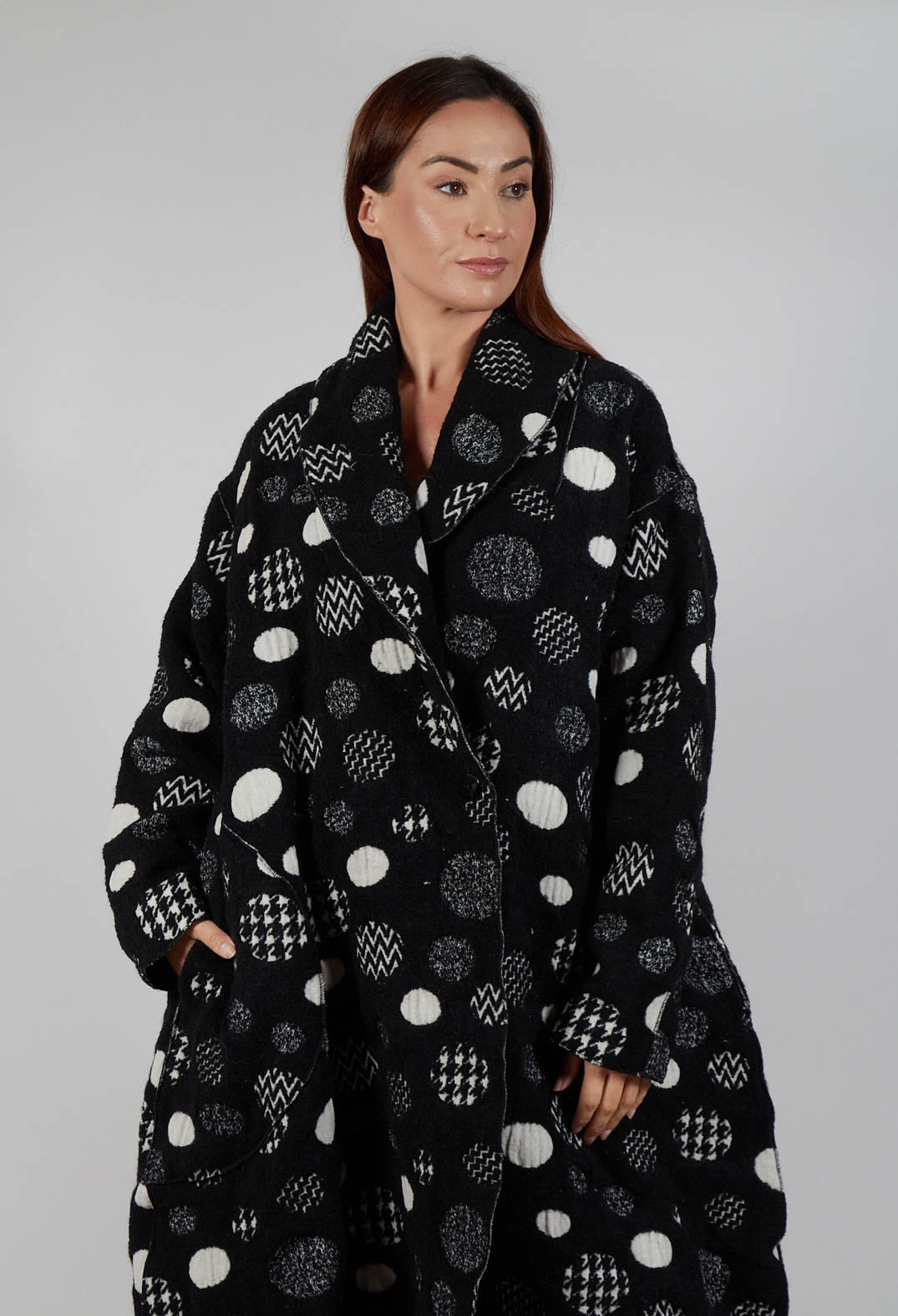 Relaxed Fit Coat in Black with White Pois