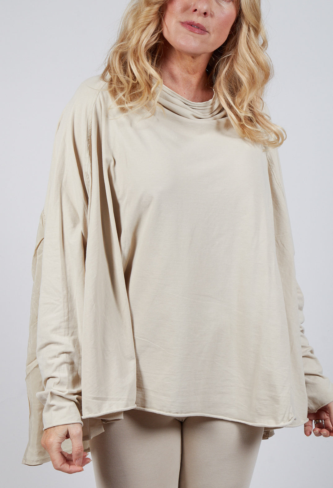 Relaxed Open Roll Neck Top in Camel Cloud