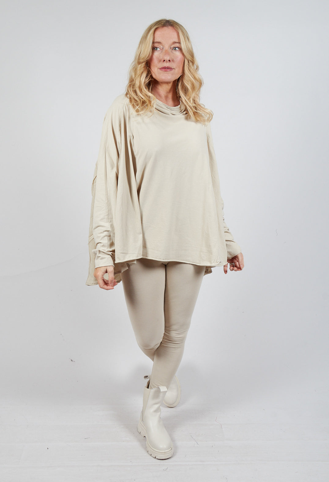 Relaxed Open Roll Neck Top in Camel Cloud