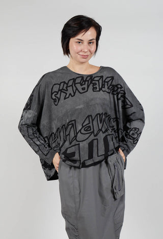 Relaxed Top with Lettering Design in Rock Print