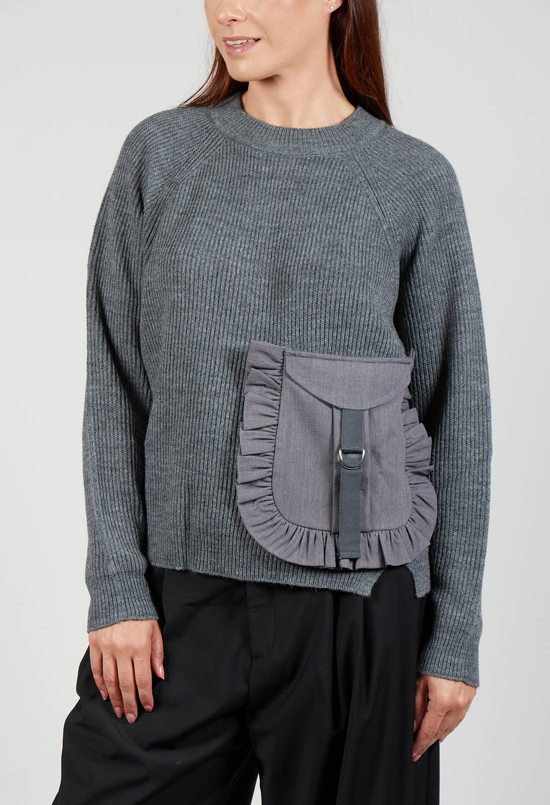 Ribbed Knit Jumper with Feature Pocket in Fumo and Stone