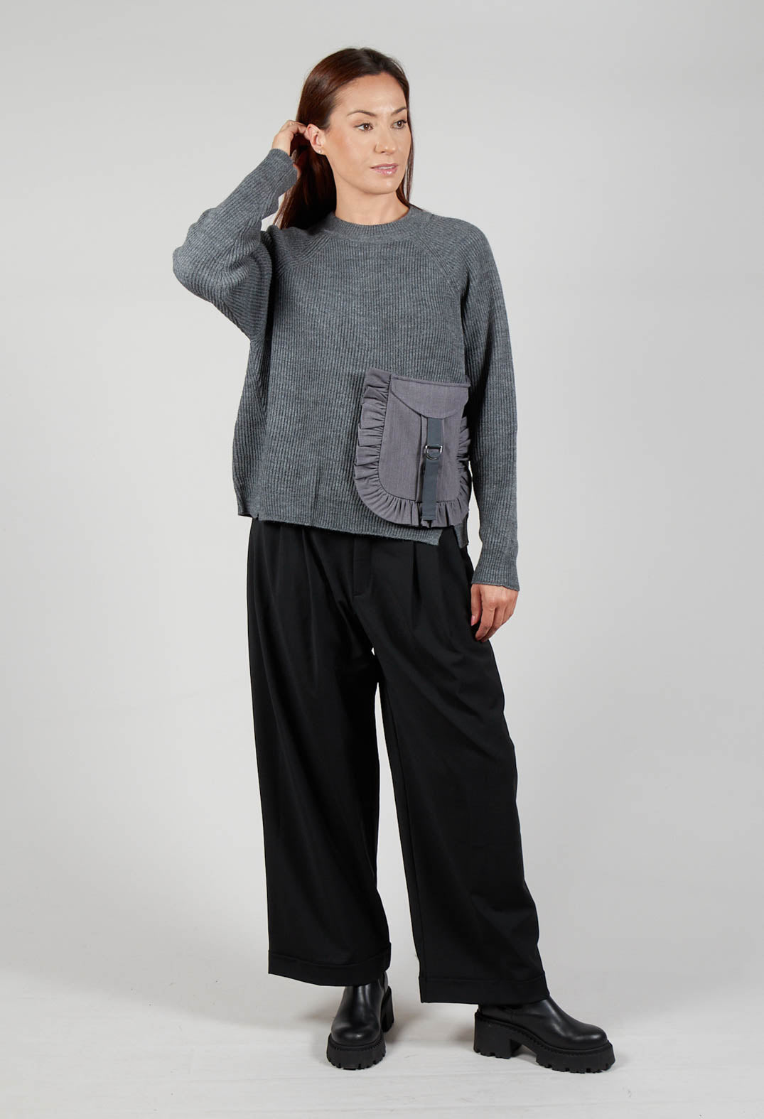 Ribbed Knit Jumper with Feature Pocket in Fumo and Stone