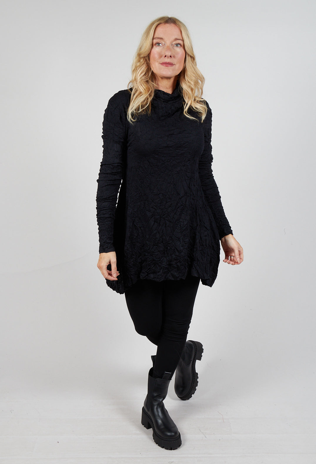 Roll Neck Crinkle Top in Black