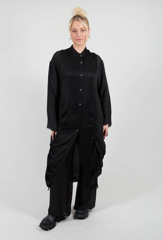 Ruched Shirt Dress in Raso di Viscosa and Viscosa Seta Nero