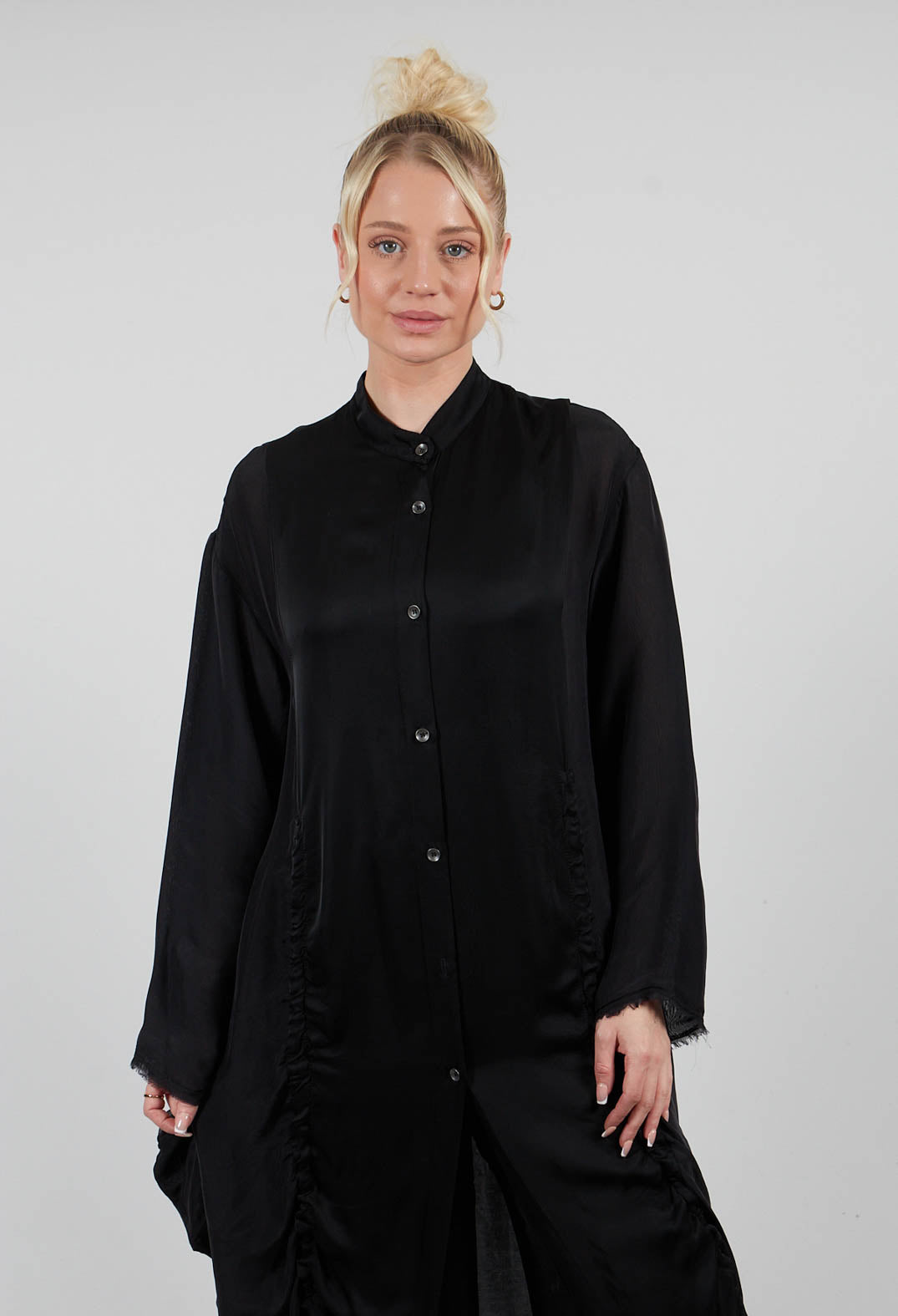 Ruched Shirt Dress in Raso di Viscosa and Viscosa Seta Nero