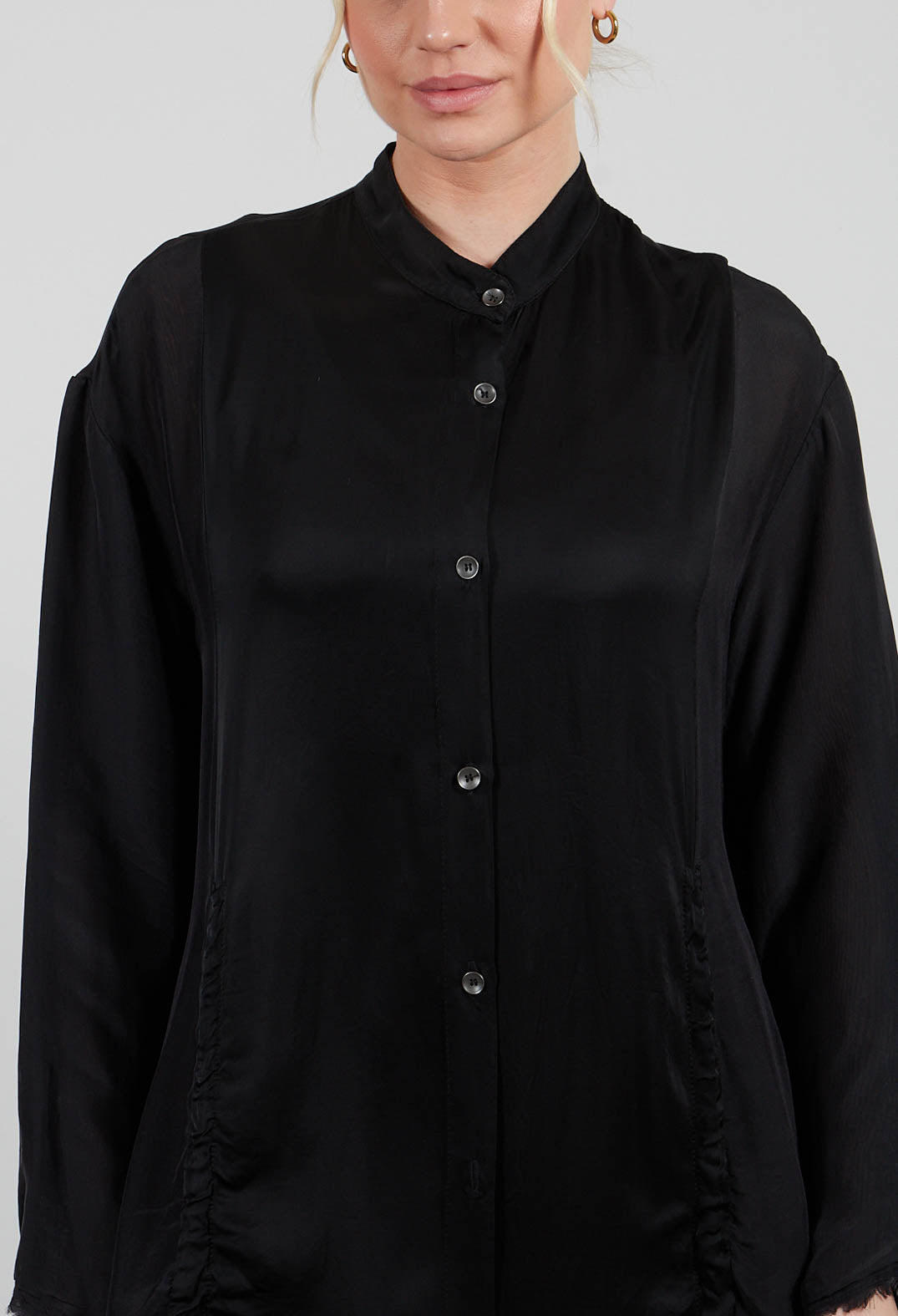 Ruched Shirt Dress in Raso di Viscosa and Viscosa Seta Nero