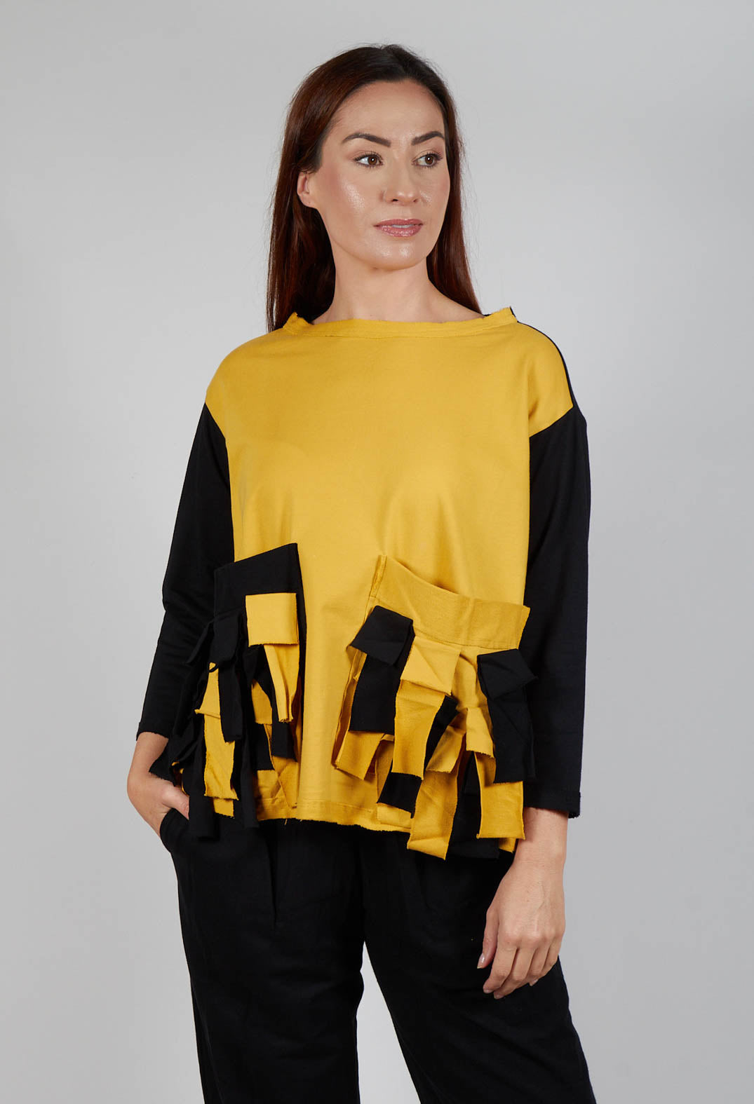 Ruffle Front Relaxed Jumper in Yellow and Black