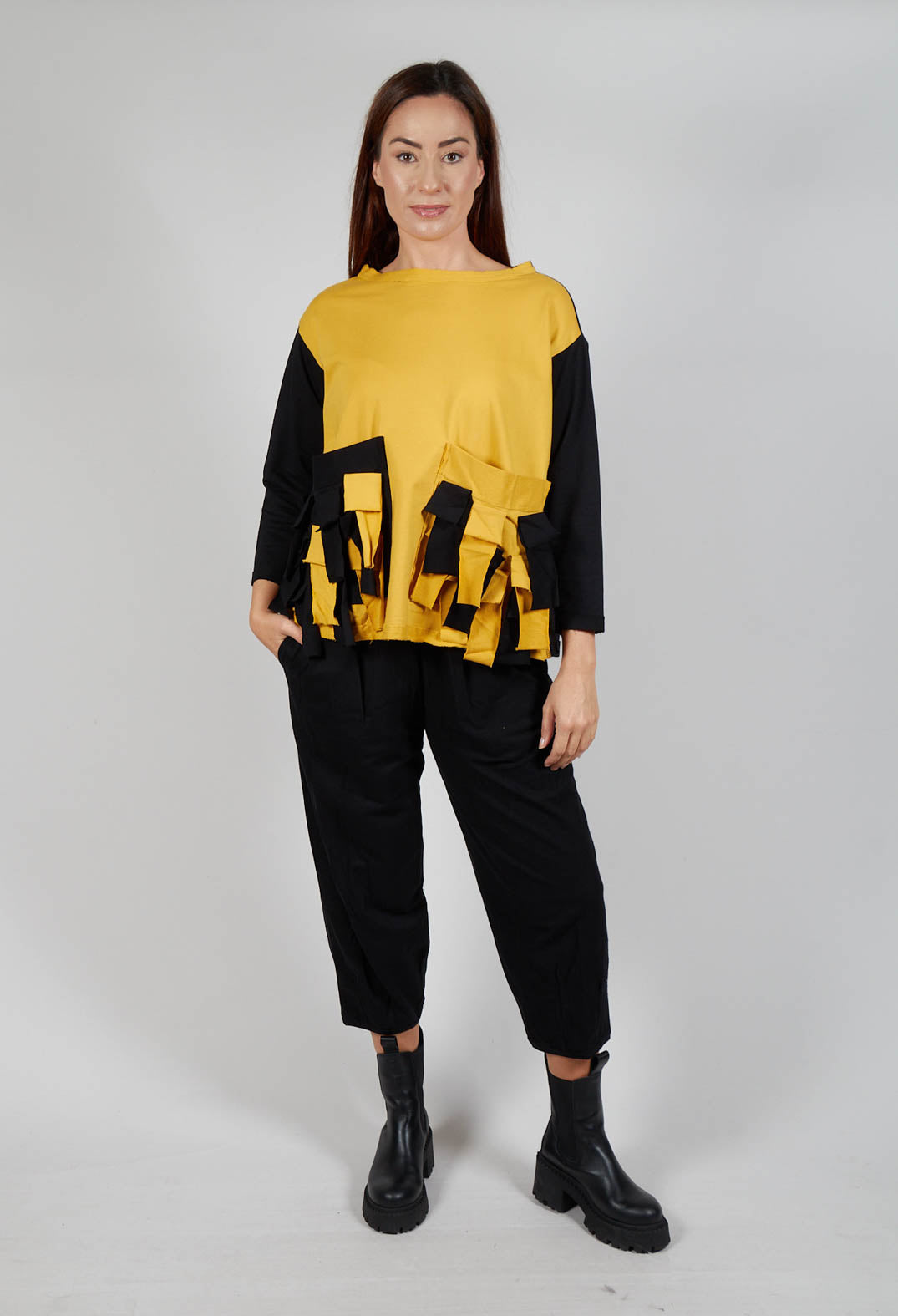 Ruffle Front Relaxed Jumper in Yellow and Black