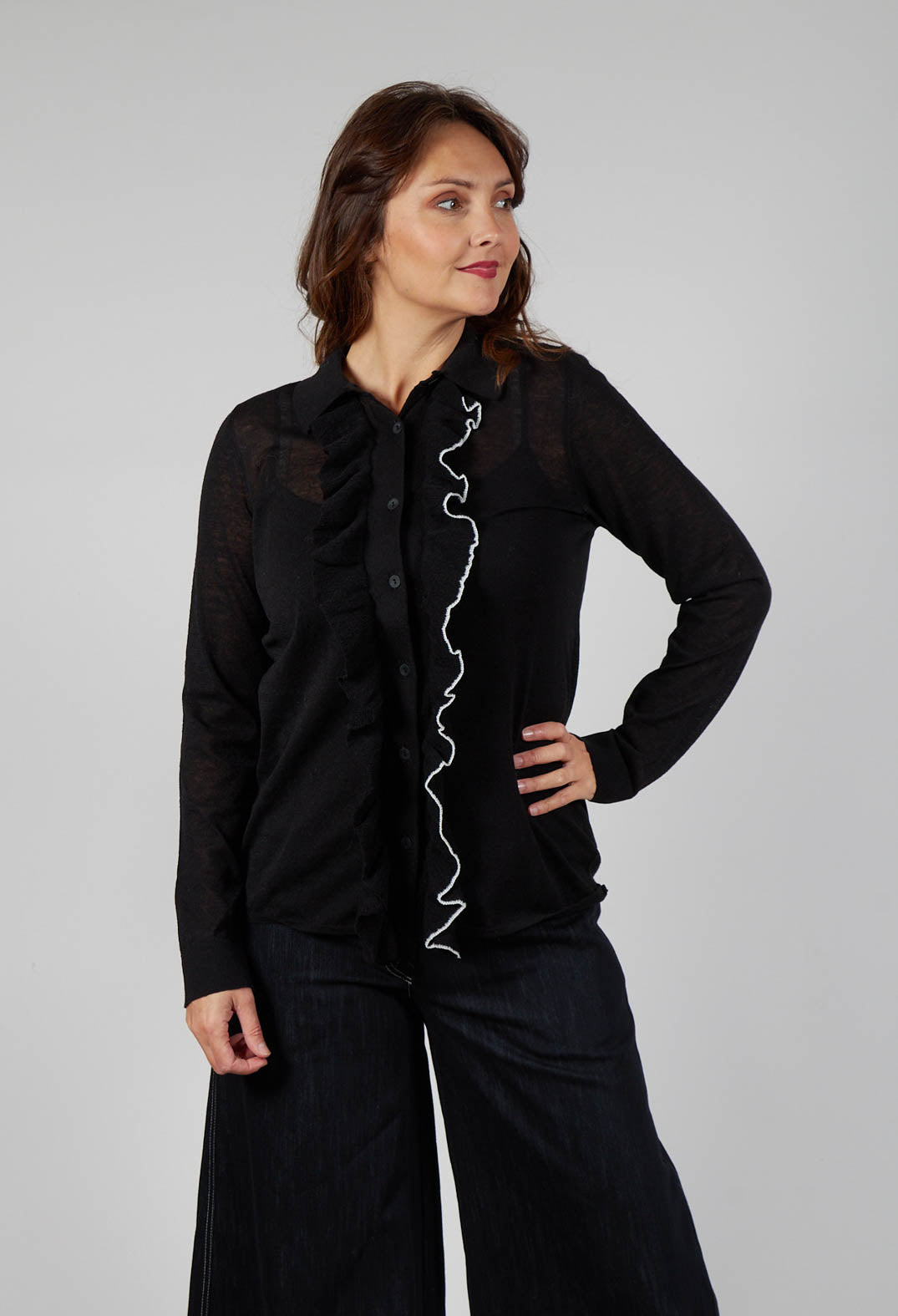 Ruffle Front Shirt in Black