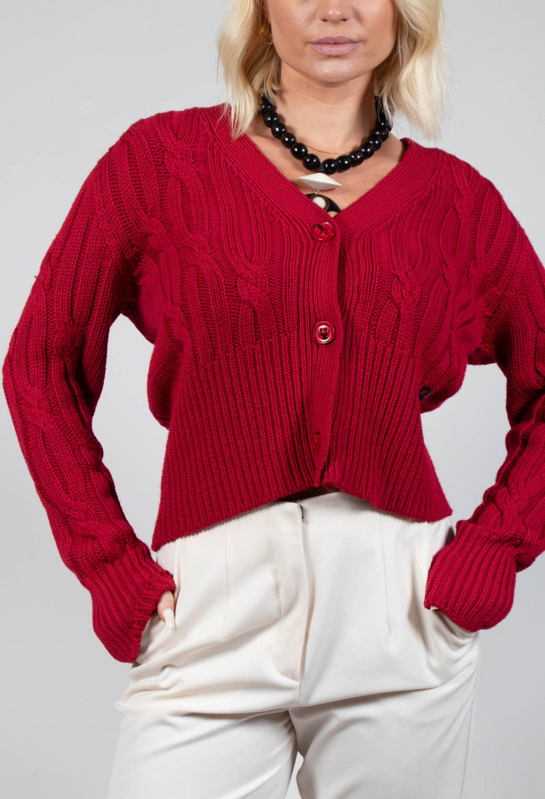 Grandad Knit Cardigan in Chili Pepper Red