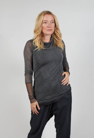 Sheer Fitted Top with Contrast Cuffs in Coal Cloud