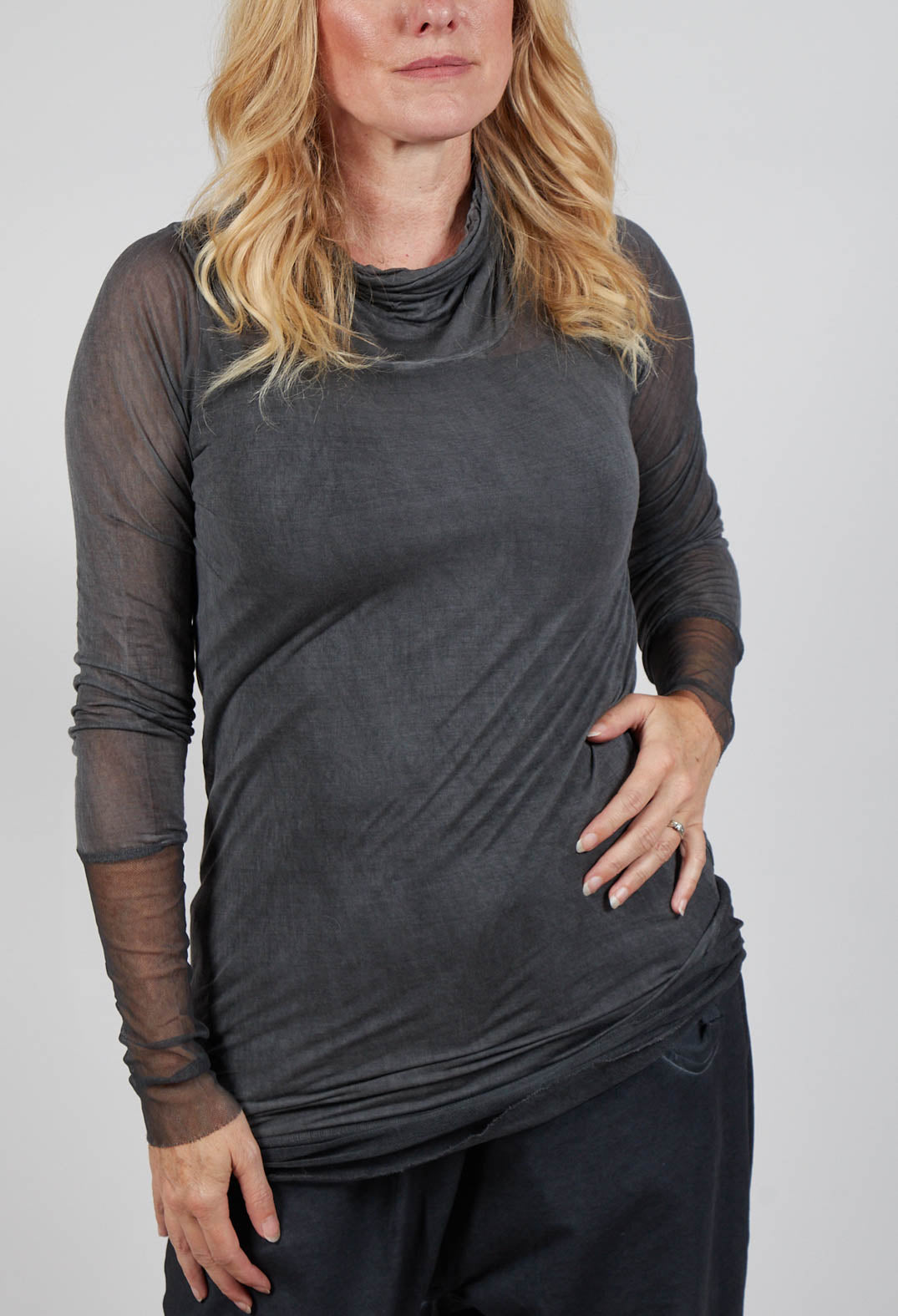 Sheer Fitted Top with Contrast Cuffs in Coal Cloud