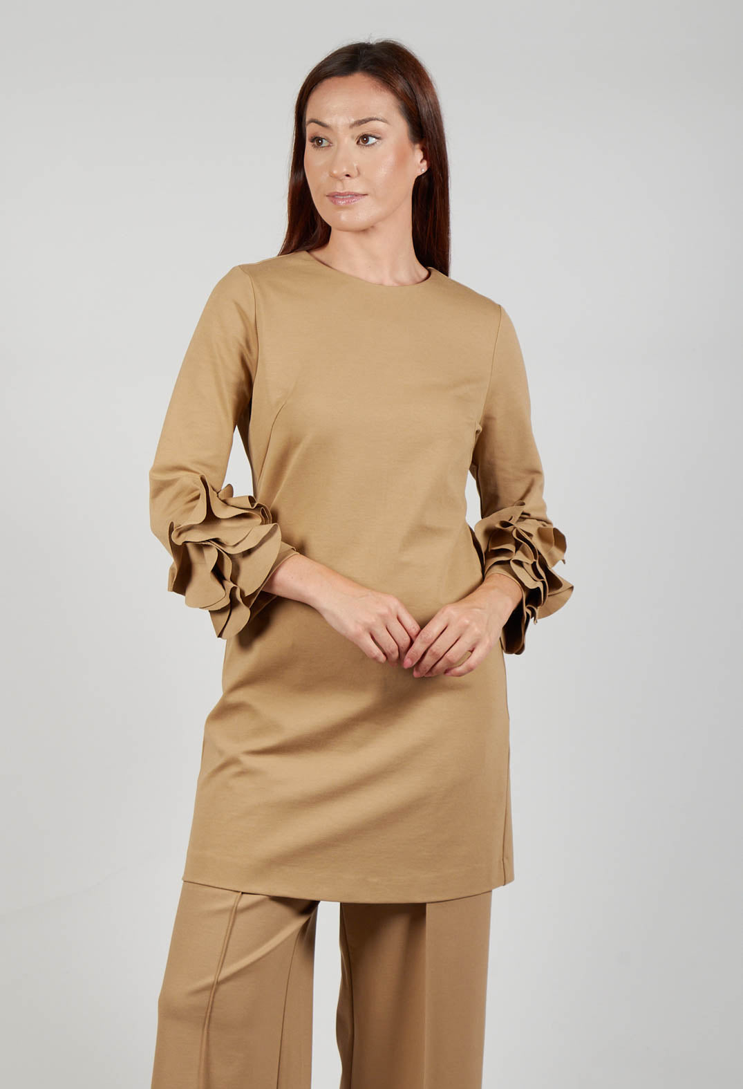 Short Shift Dress with Embellished Sleeves in Camel