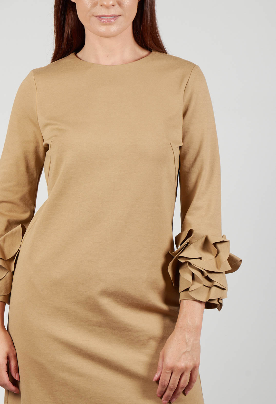 Short Shift Dress with Embellished Sleeves in Camel