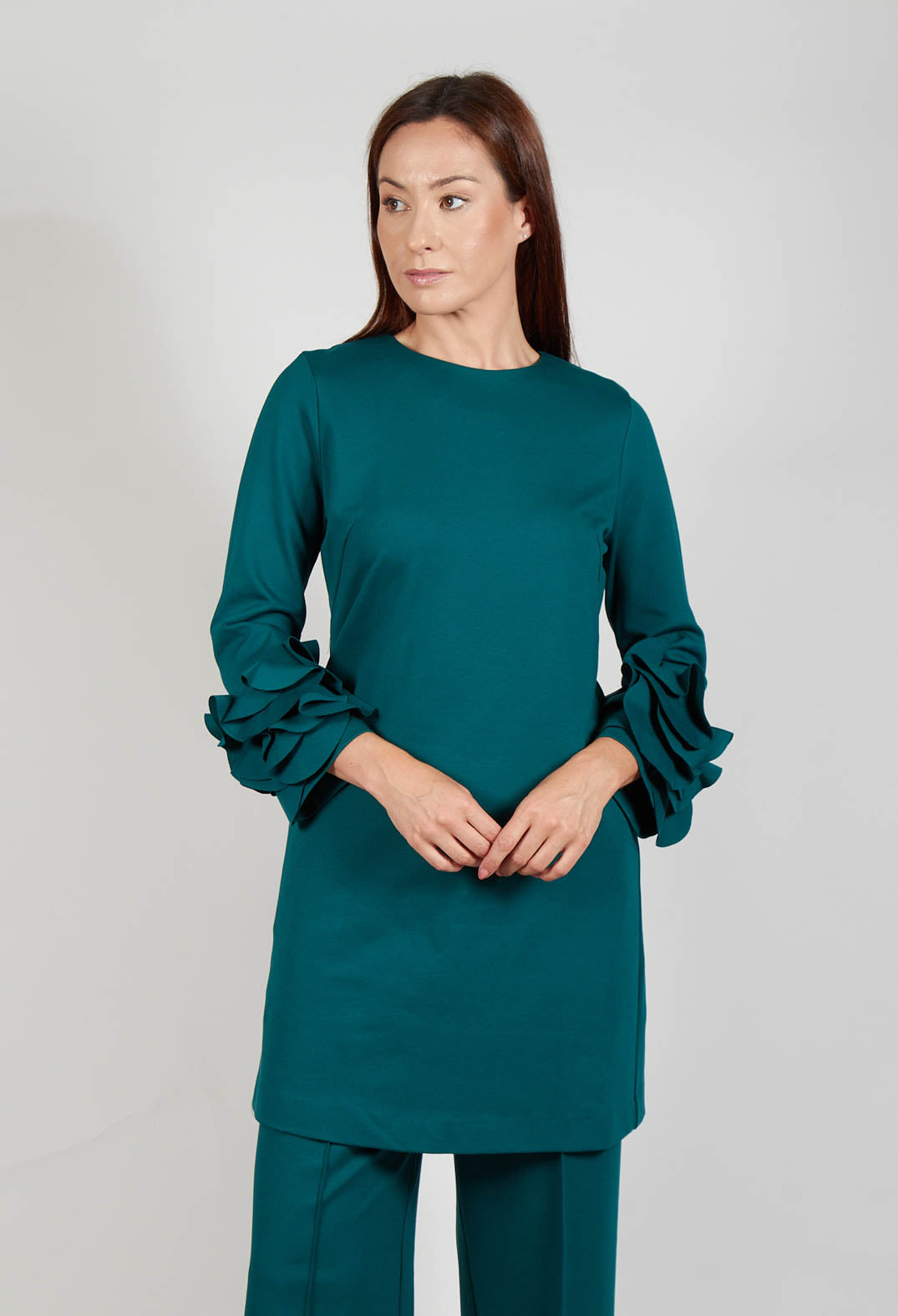 Short Shift Dress with Embellished Sleeves in Ottanio