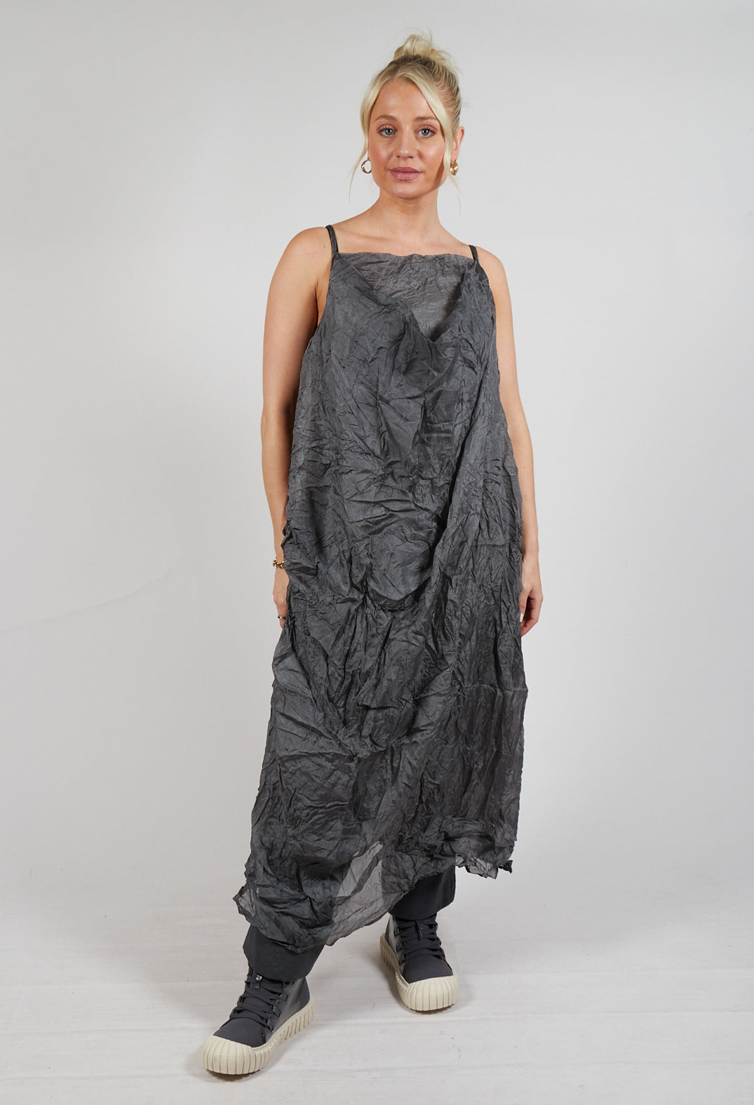 Silk Asymmetrical Hem Dress in Coal Cloud