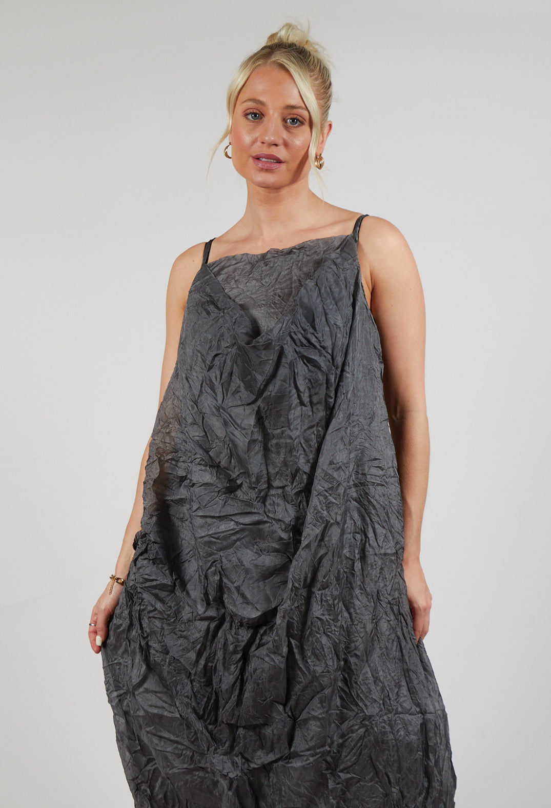 Silk Asymmetrical Hem Dress in Coal Cloud