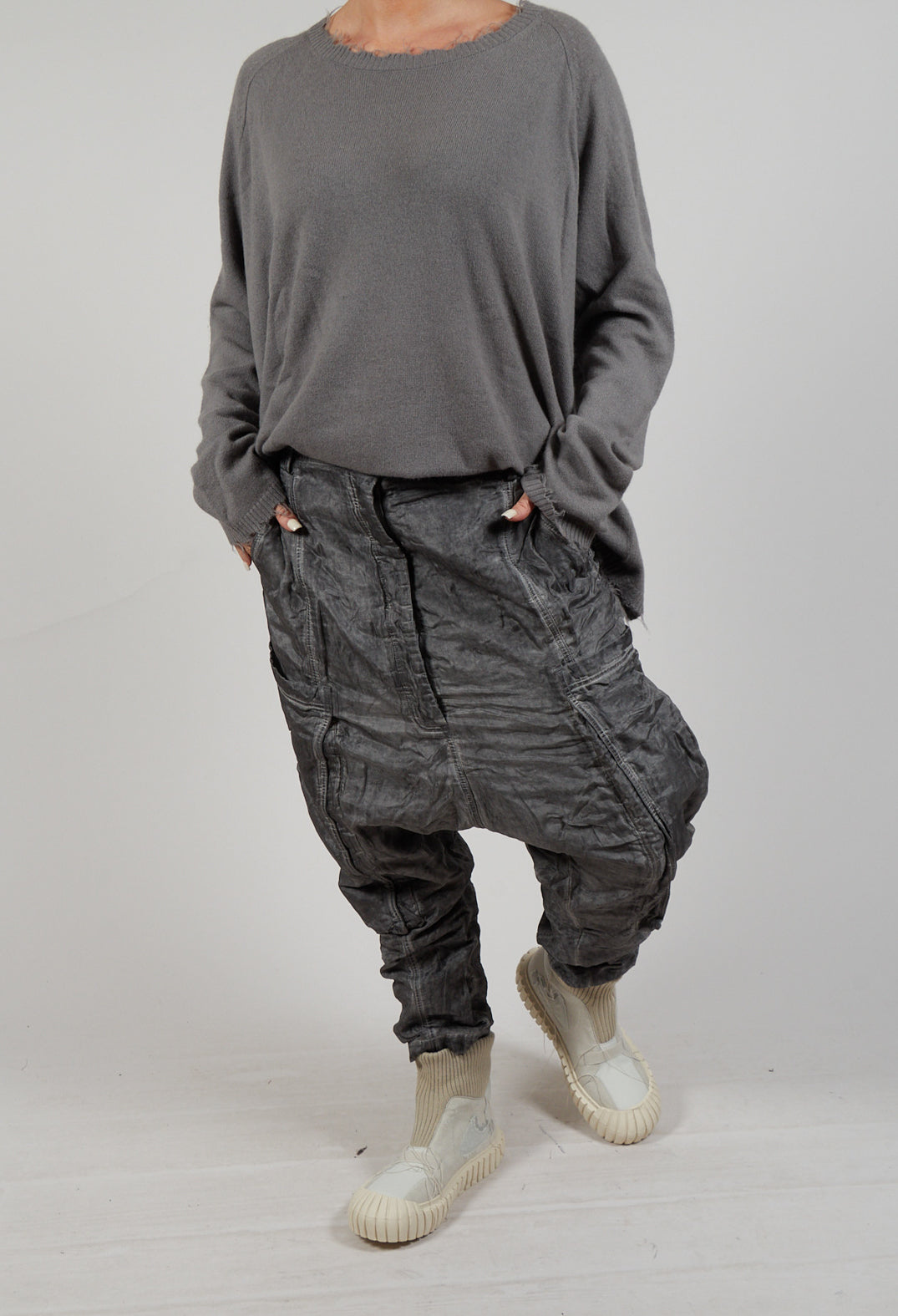 Silk Straight Leg Drop Crotch Trousers in Pencil Cloud