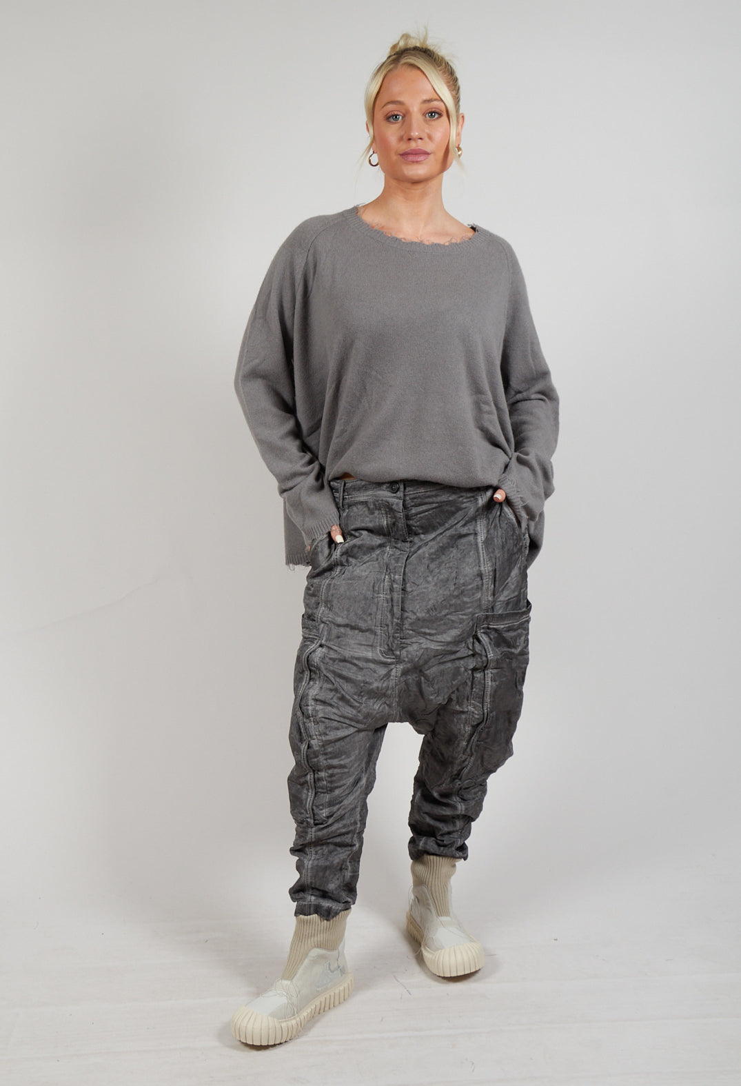 Silk Straight Leg Drop Crotch Trousers in Pencil Cloud