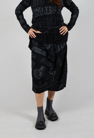 Skirt with Contrasting Waistband in Black Shiny Print