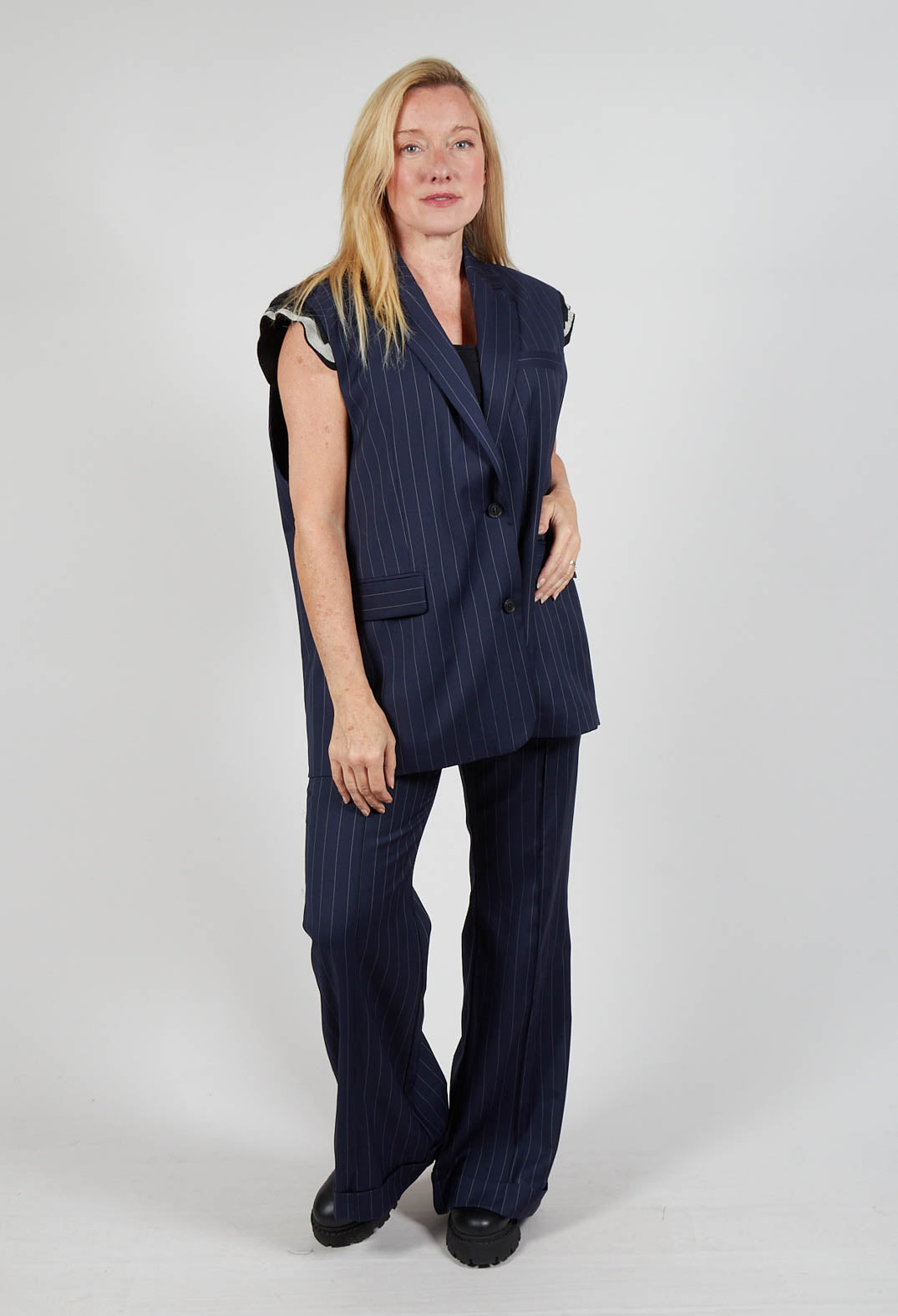 Sleeveless Pinstripe Jacket in Gessato Blue Nights