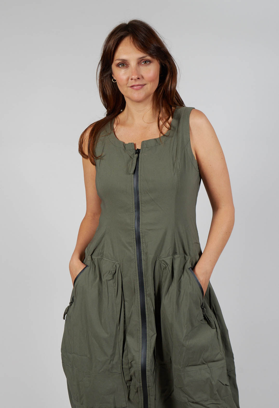 Sleeveless Zip Through Dress in Camp