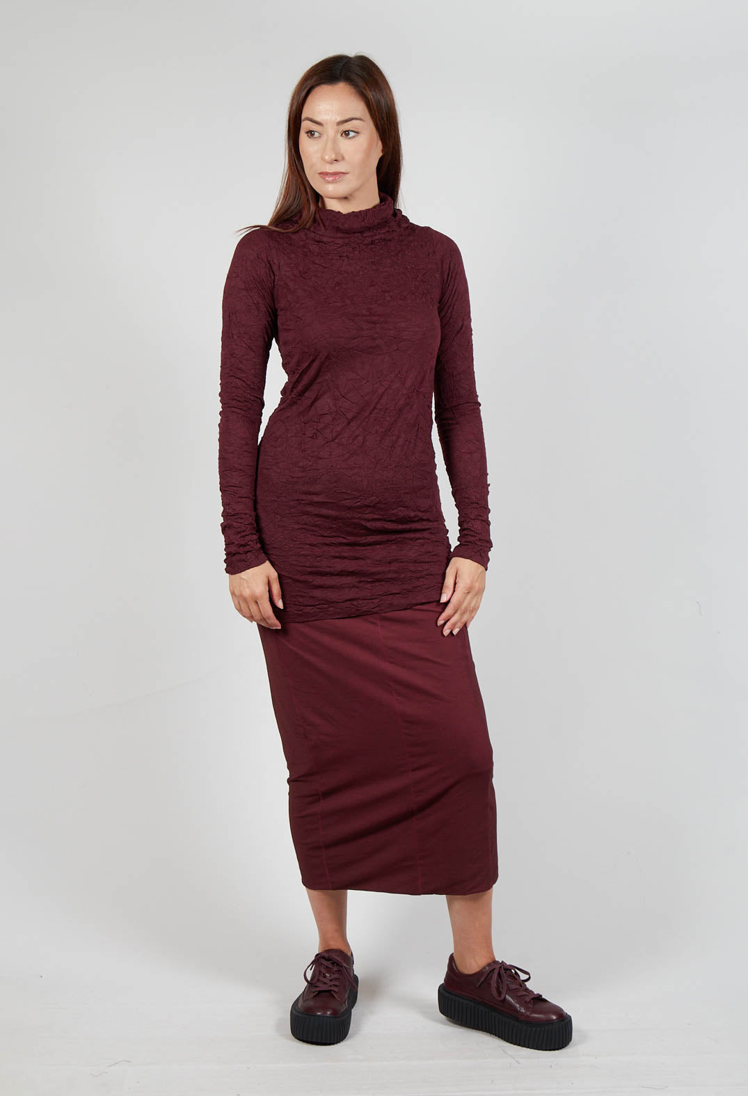 Slim Roll Neck Crinkle Top in Merlot