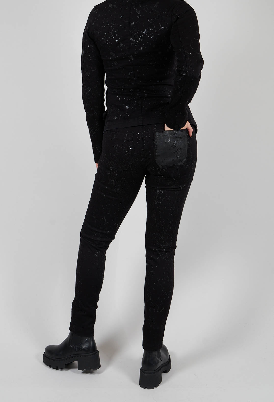 Straight Leg Stretch Denim Trousers in Black with Latex Detail Finish