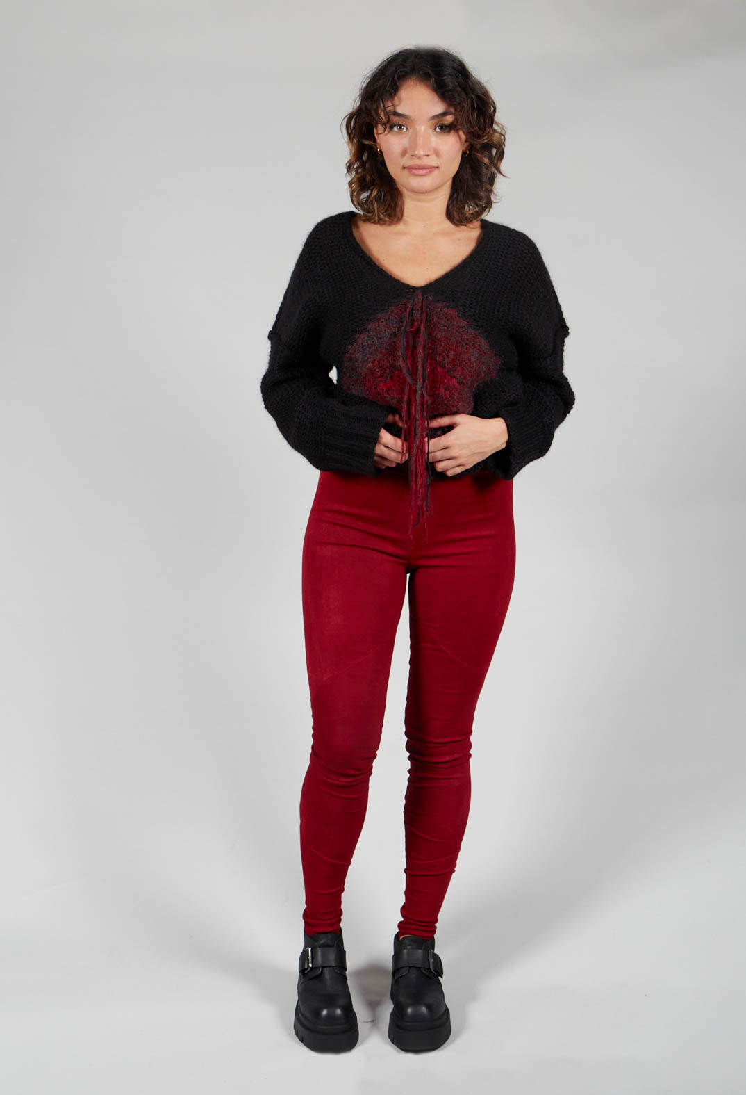 Suede Stretch Fit Skinny Trousers in Deep Red