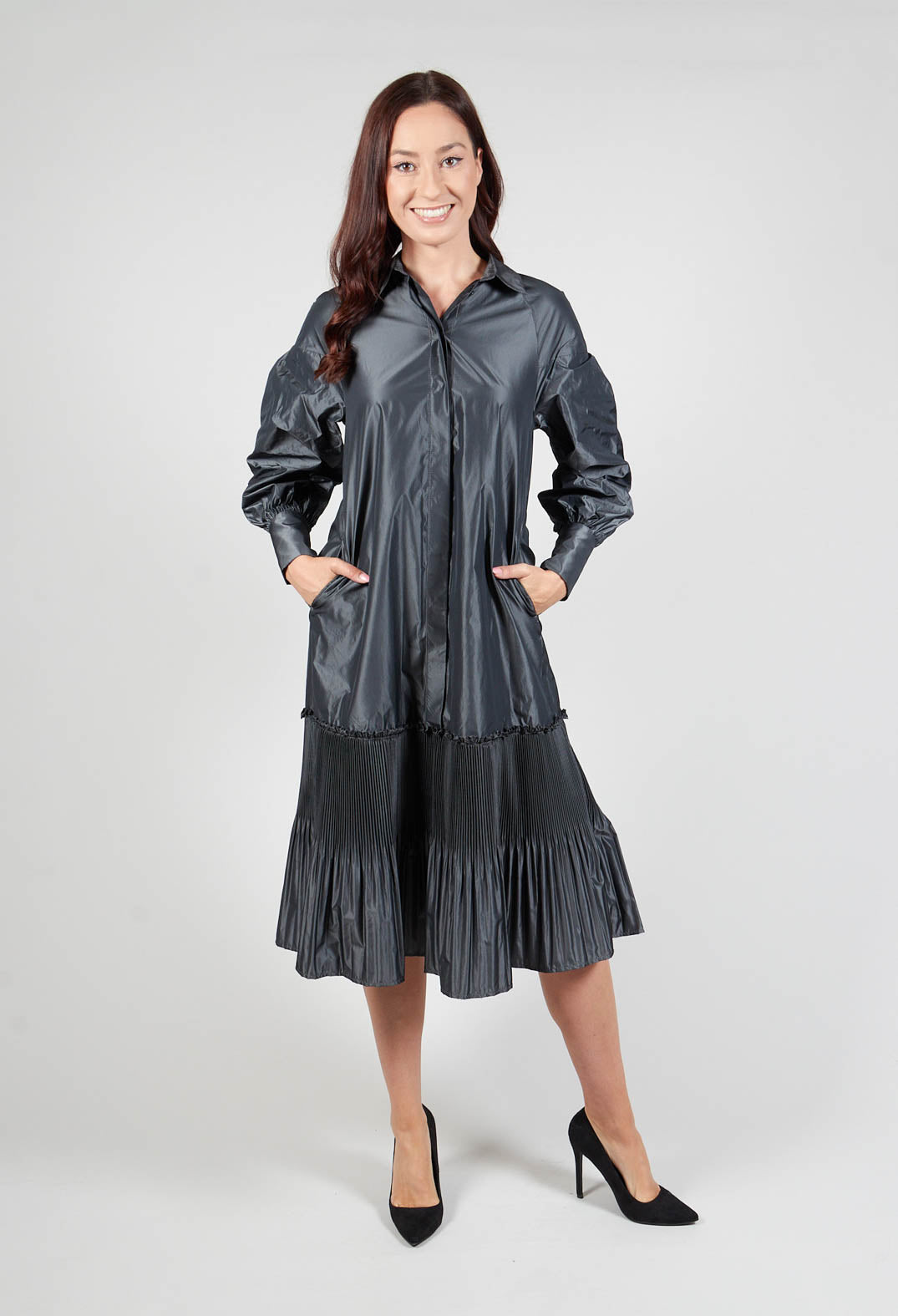 Taffeta Button Through Dress in Anthracite