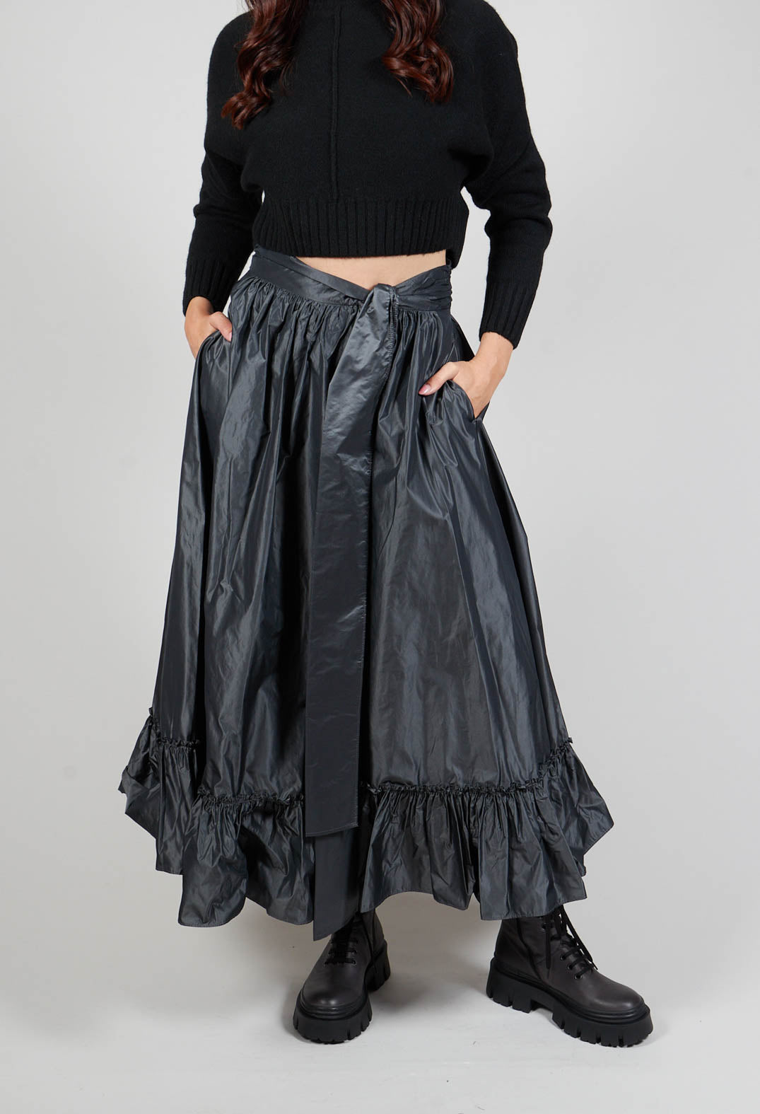 Taffeta Frill Hem Skirt in Obsidian Grey