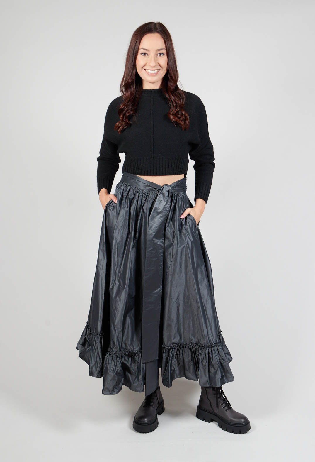 Taffeta Frill Hem Skirt in Obsidian Grey