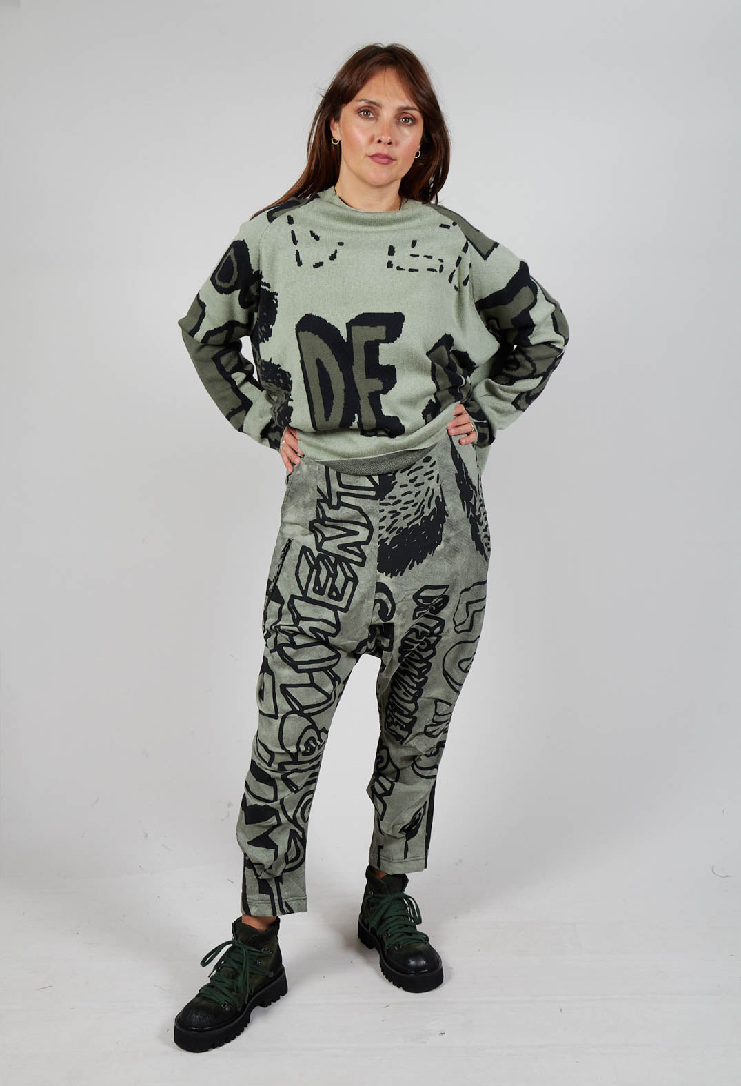 Tapered Leg Drop Crotch Trousers in Defender Big Print