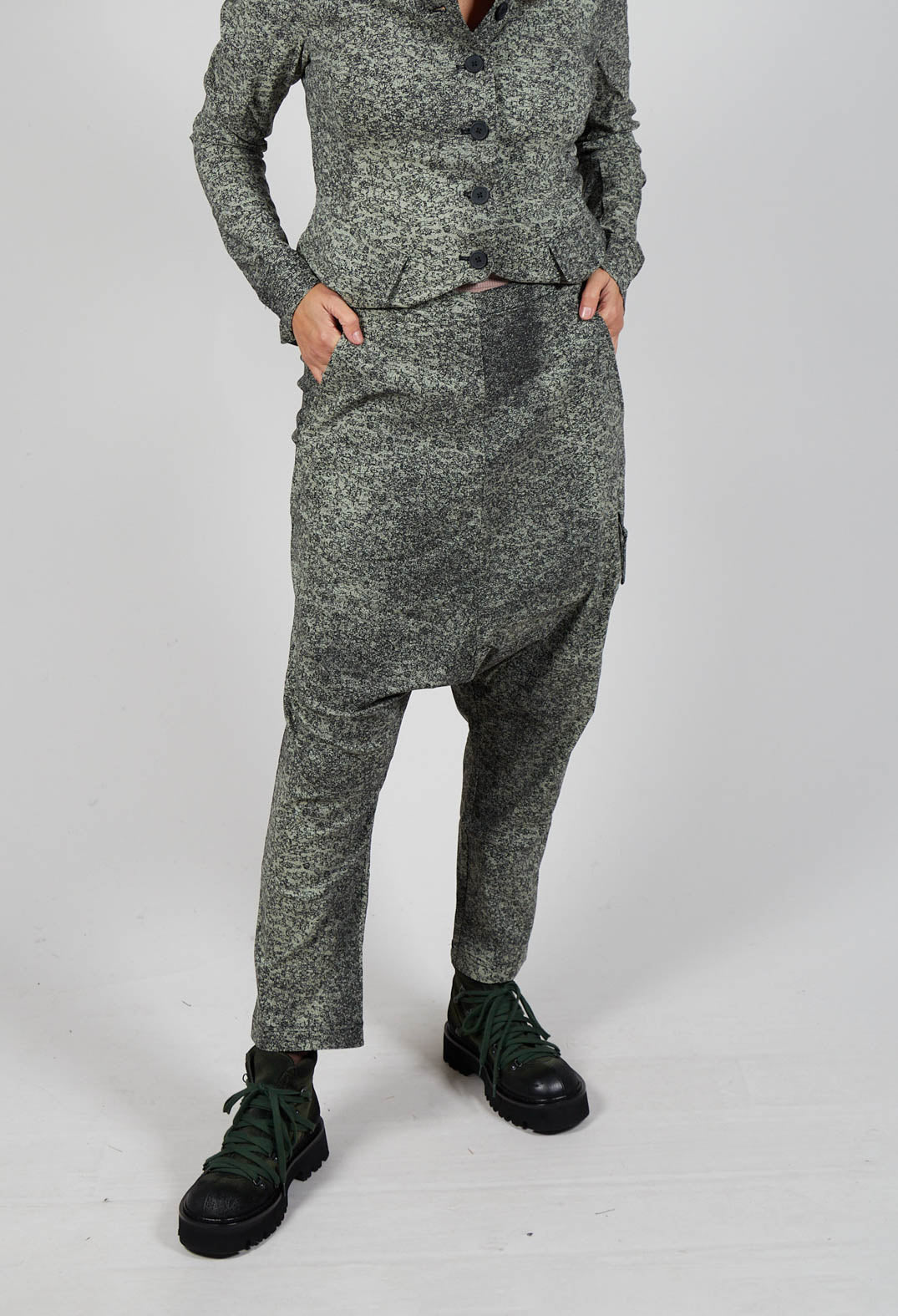 Tapered Leg Drop Crotch Trousers in Defender Print