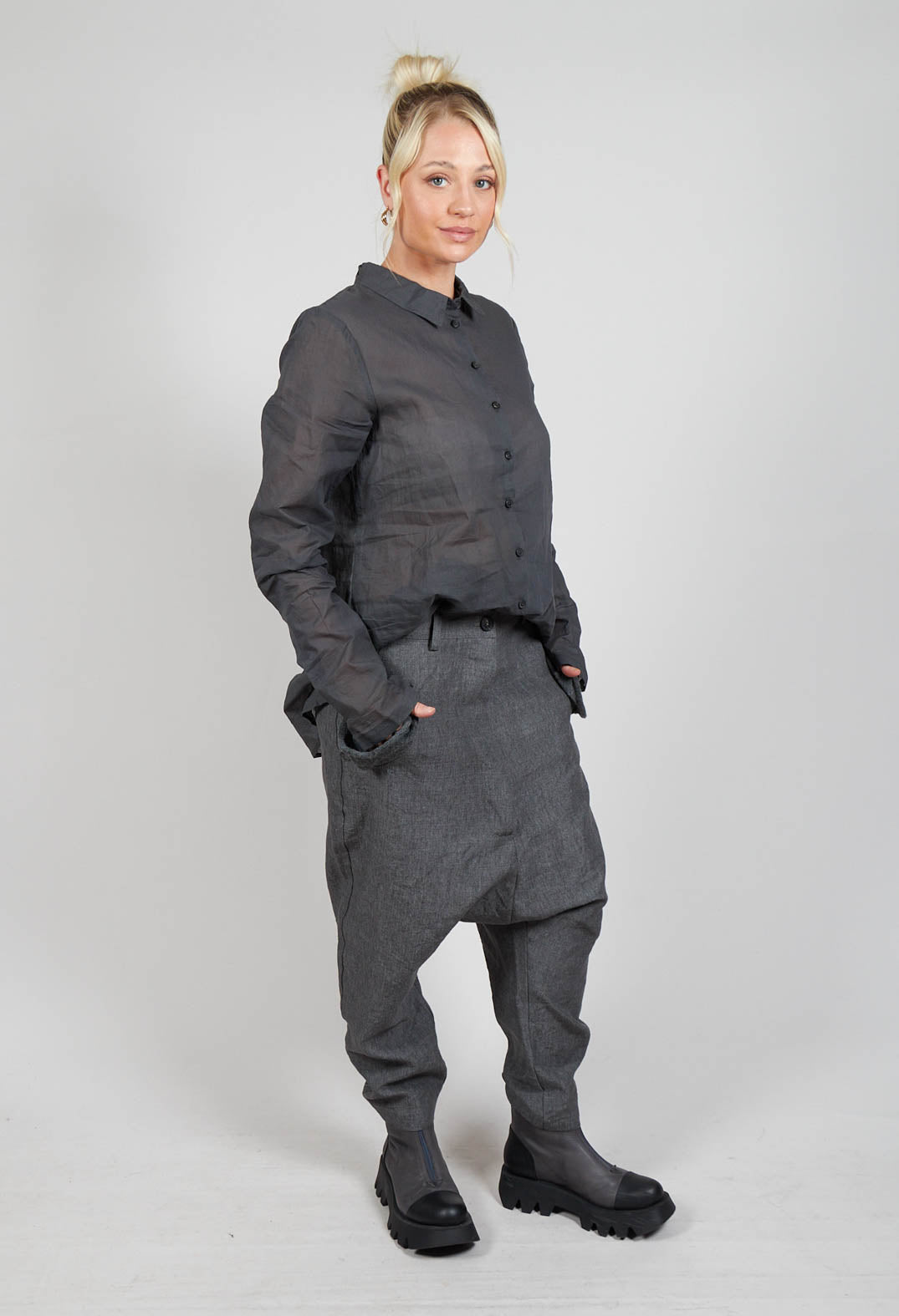 Textured Straight Leg Trousers in Coal Mel