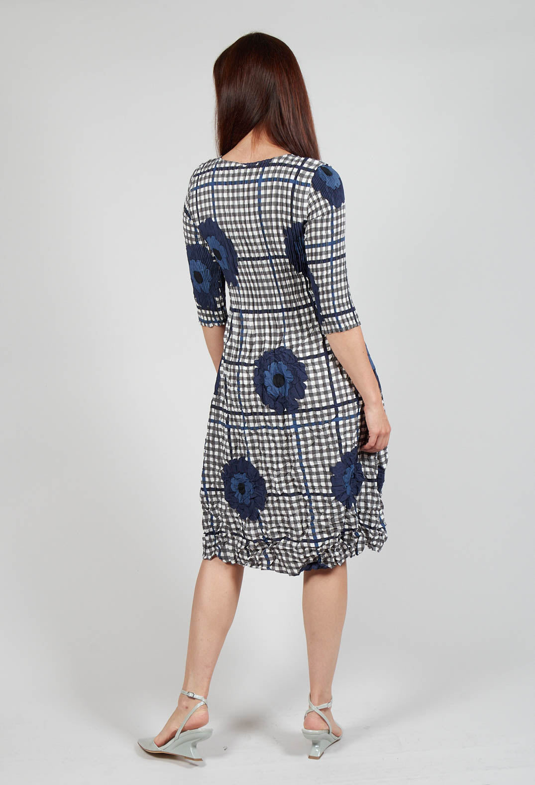 Three Quarter Sleeve Smash Dress in Indigo Flower Check