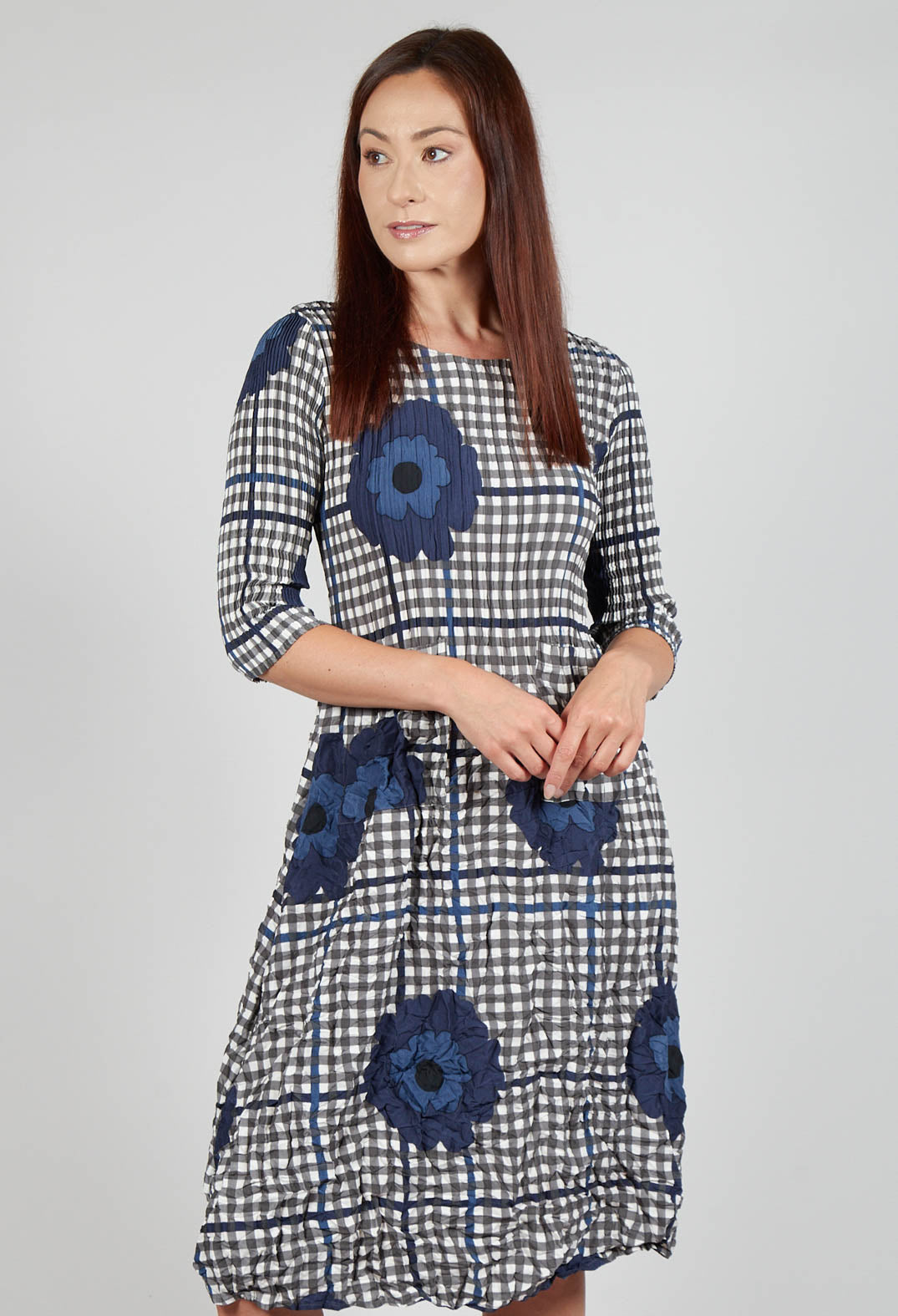 Three Quarter Sleeve Smash Dress in Indigo Flower Check