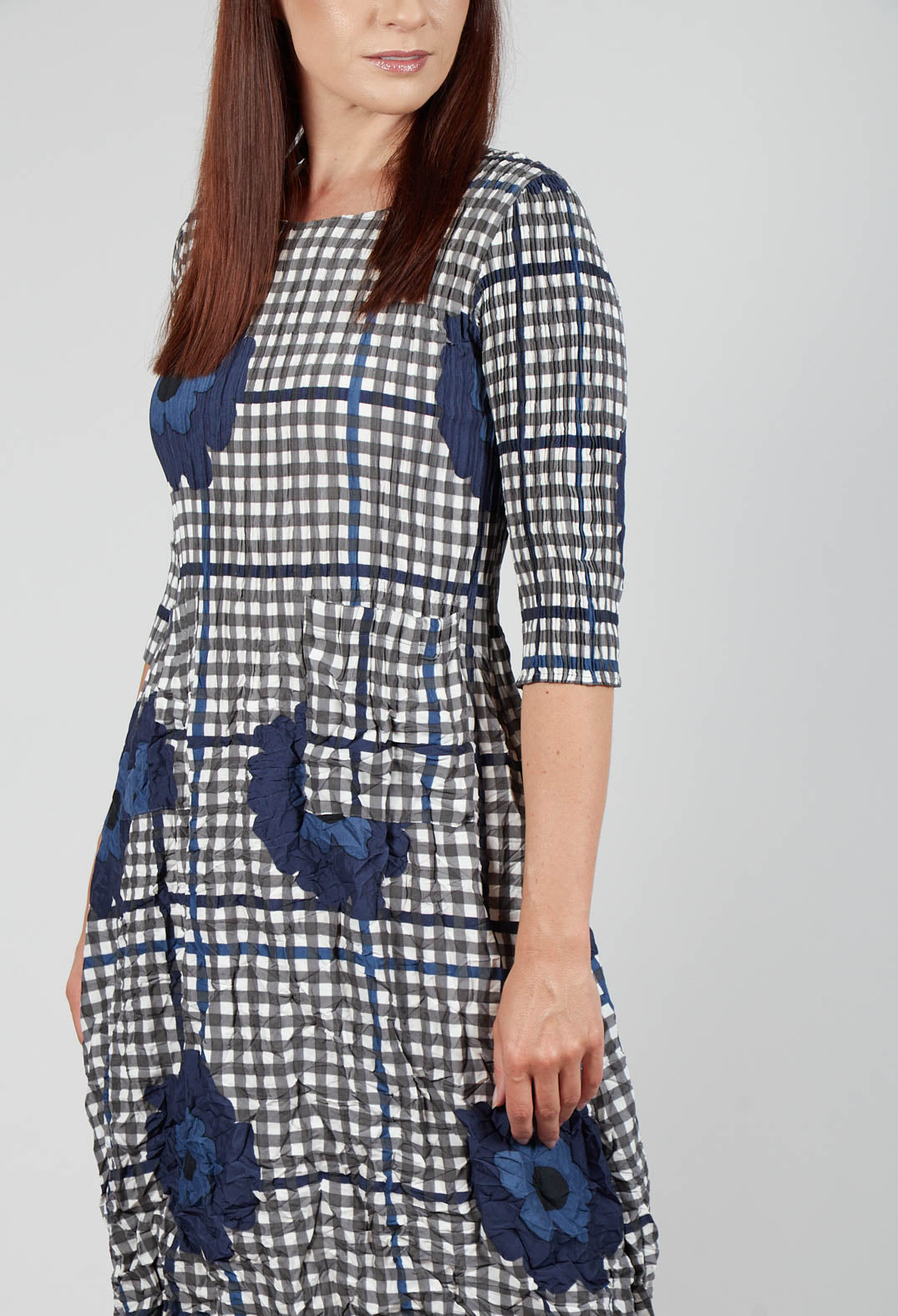 Three Quarter Sleeve Smash Dress in Indigo Flower Check