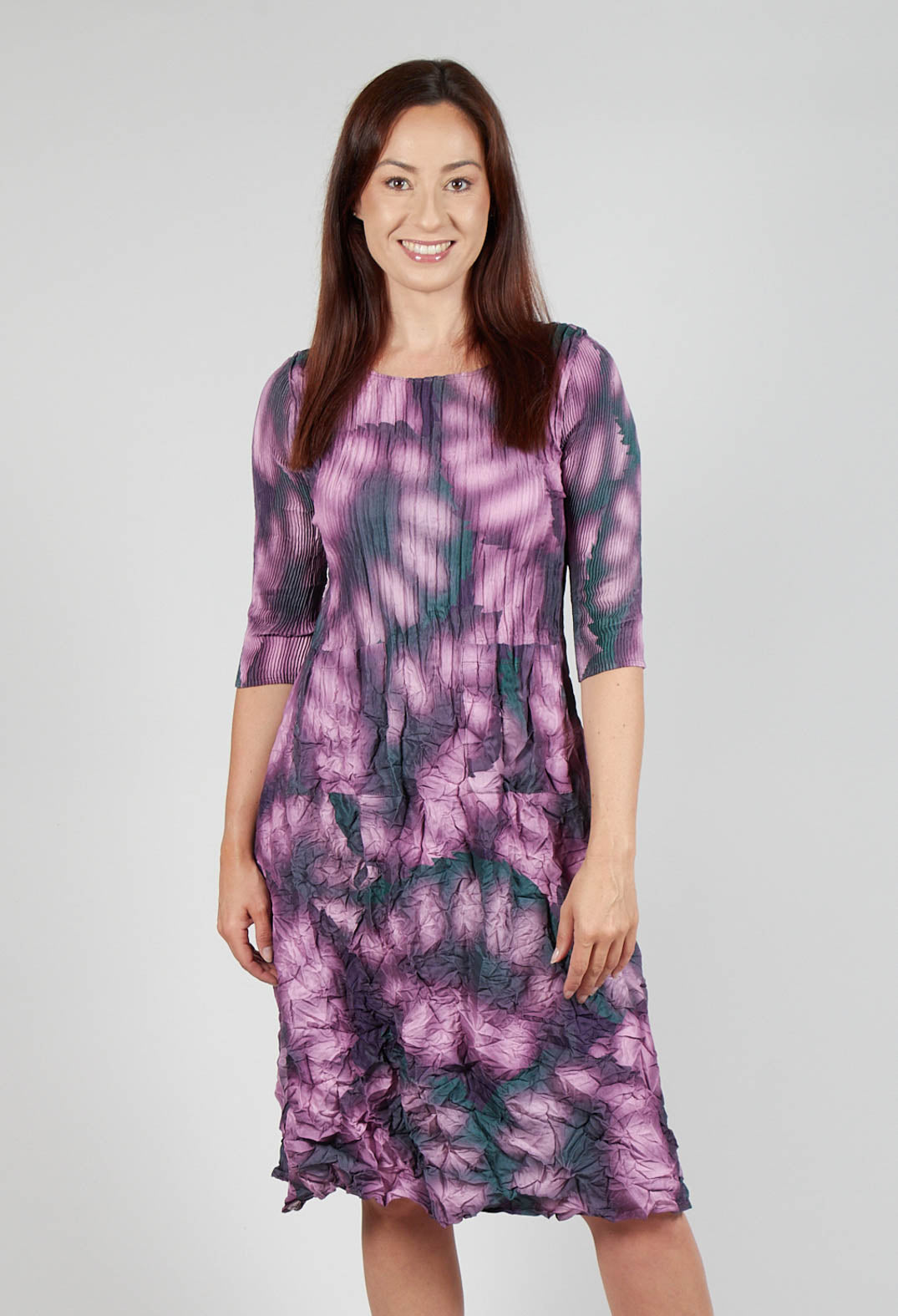 Three Quarter Sleeve Smash Dress in Purple Leaf