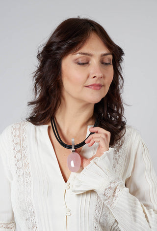 Two Leather Necklace with Oval Rose Quartz Pendant in Black