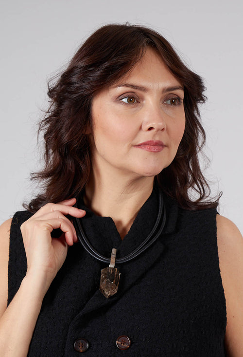 Two Leather Necklace with Smoky Quartz Pendant in Black