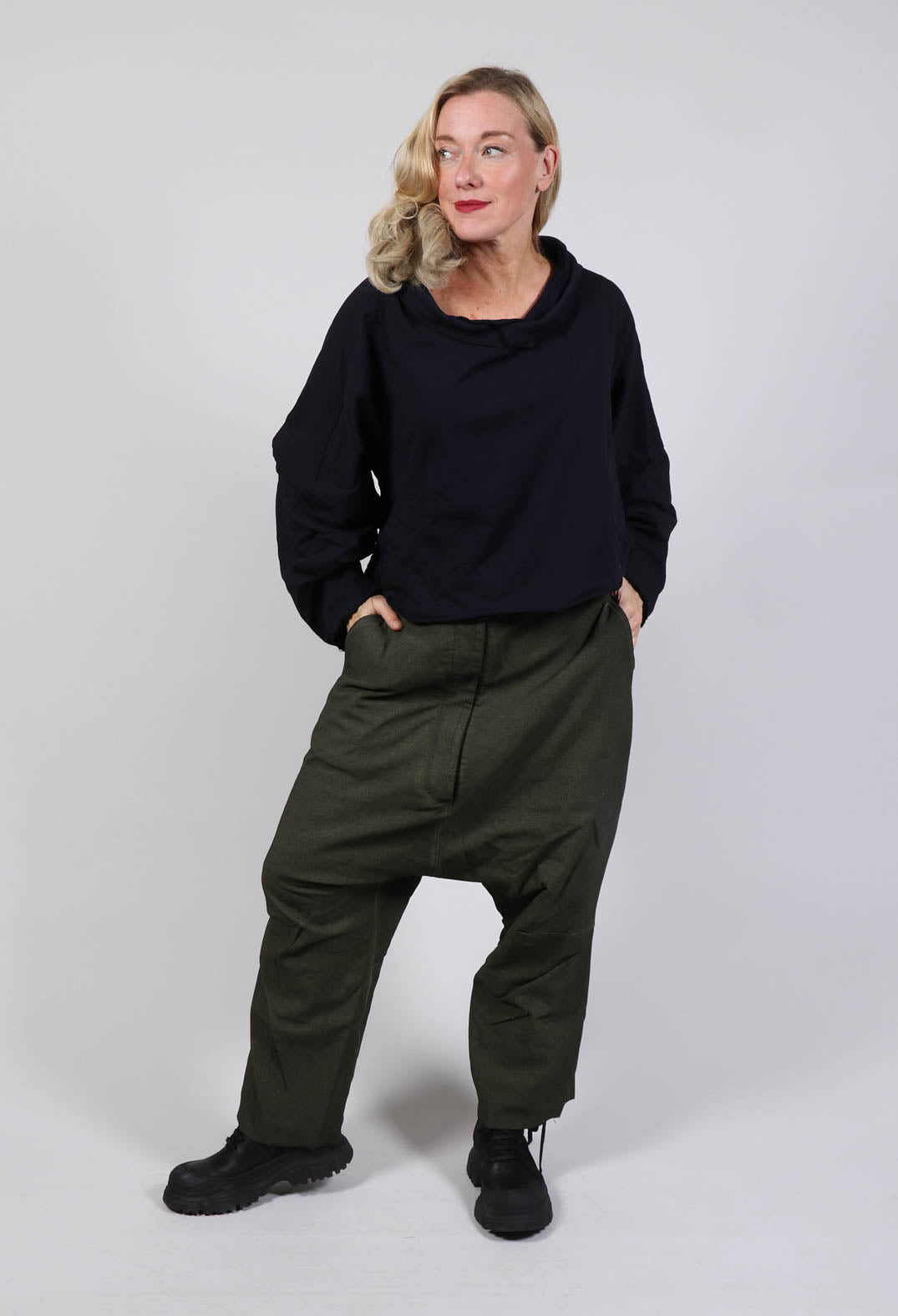 Utility Drop Crotch Trousers in Olive Cloud