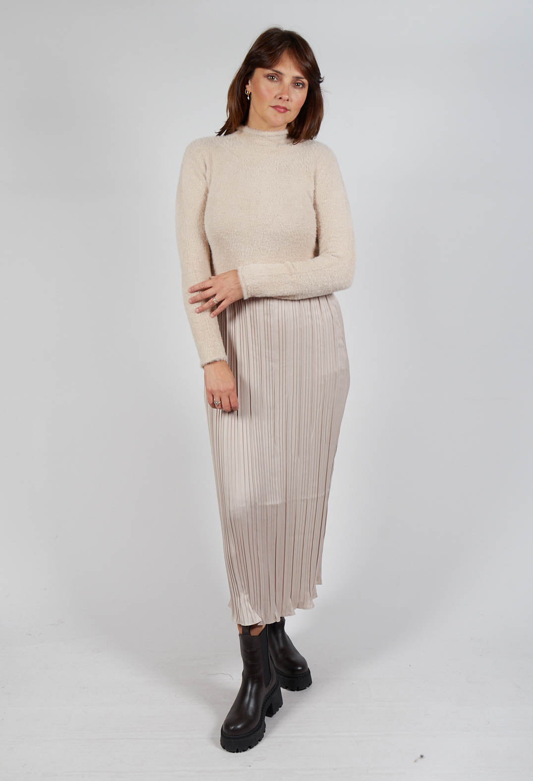 Verlaine Dual Fabric Dress in Beige