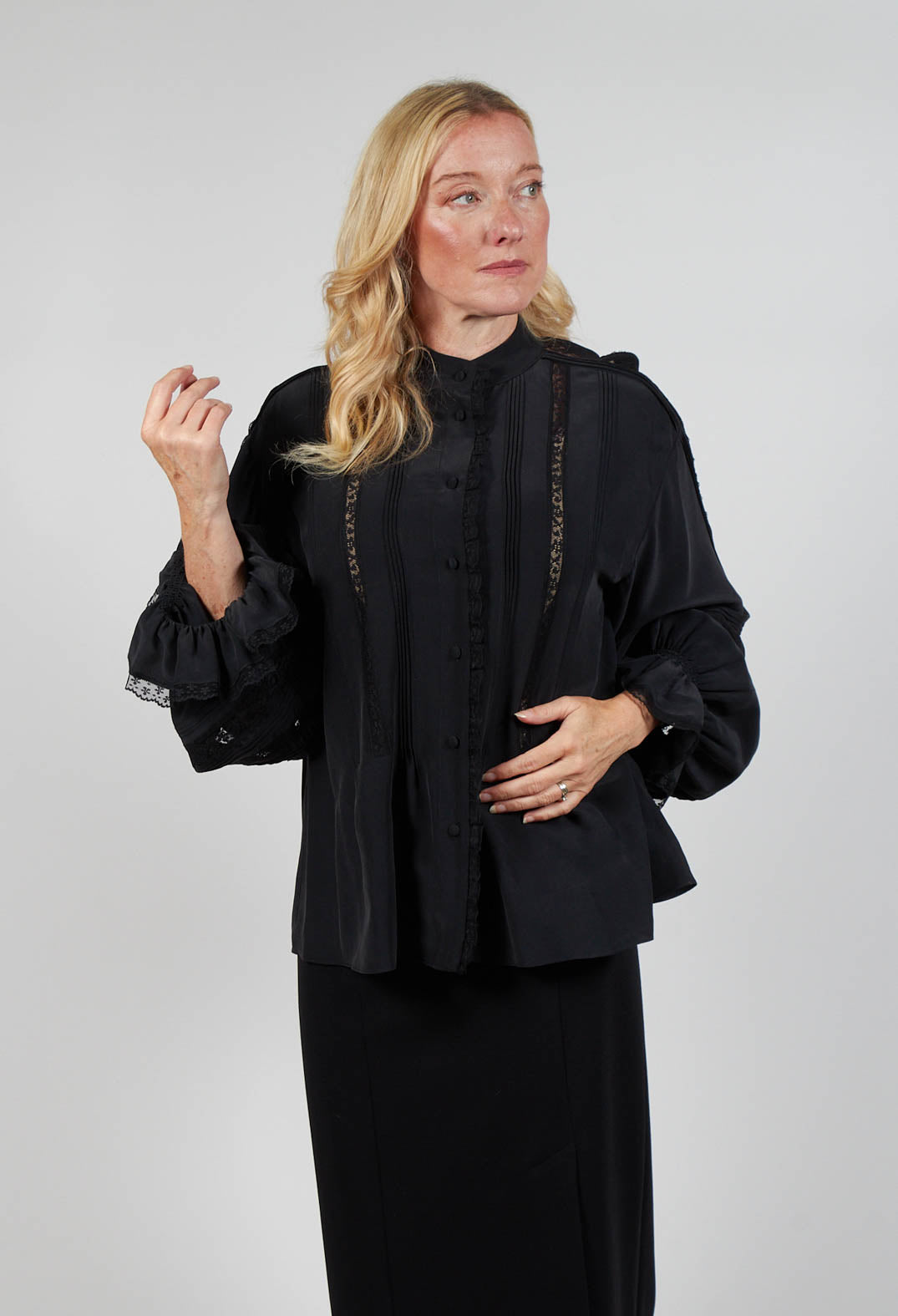 Washed Silk Blend Shirt with Lace in Dark Grey