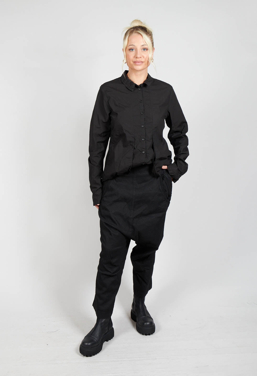 Wide Fabric Waistband Trousers in Black