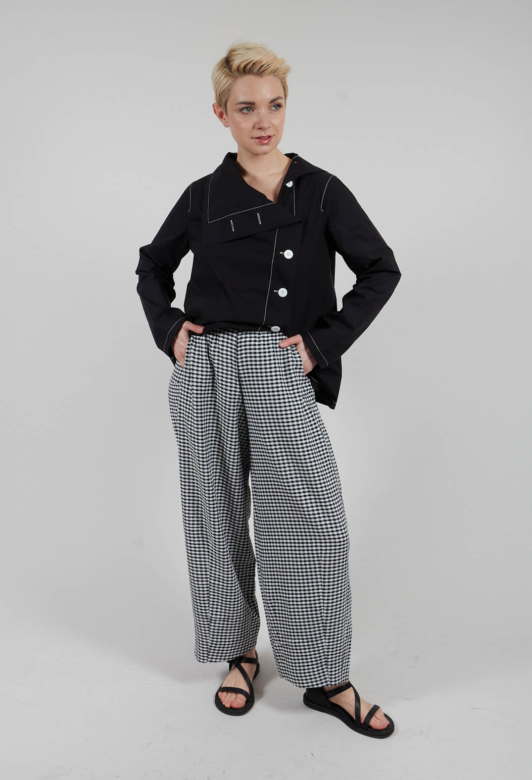 Wide Leg Checked Trouser in Black and White