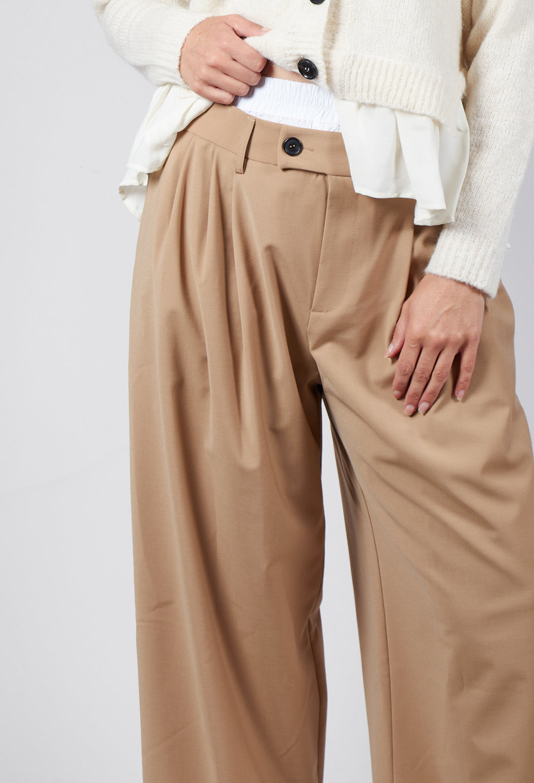 Wide Leg Tailored Trousers in Camel and Off White