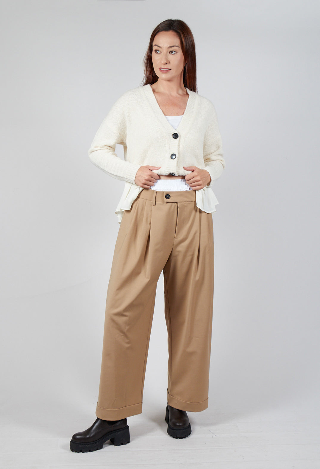 Wide Leg Tailored Trousers in Camel and Off White